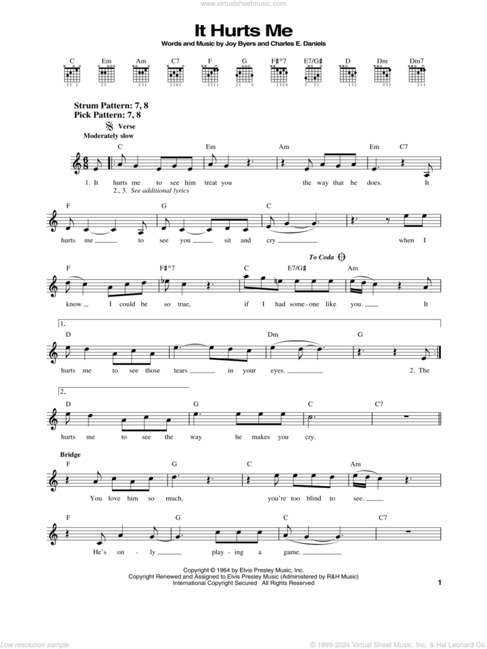 It Hurts Me sheet music for guitar solo (chords) by Elvis Presley, Charles E. Daniels and Joy Byers, easy guitar (chords)