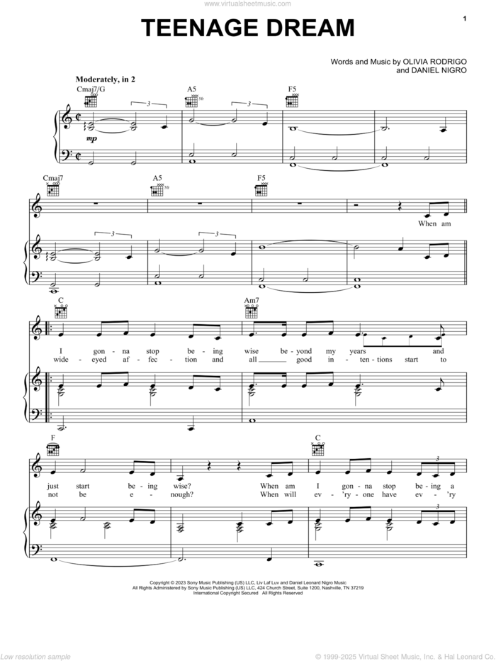 teenage dream sheet music for voice, piano or guitar by Olivia Rodrigo and Daniel Nigro, intermediate skill level