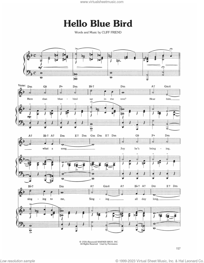 Hello Blue Bird sheet music for voice, piano or guitar by Judy Garland and Cliff Friend, intermediate skill level