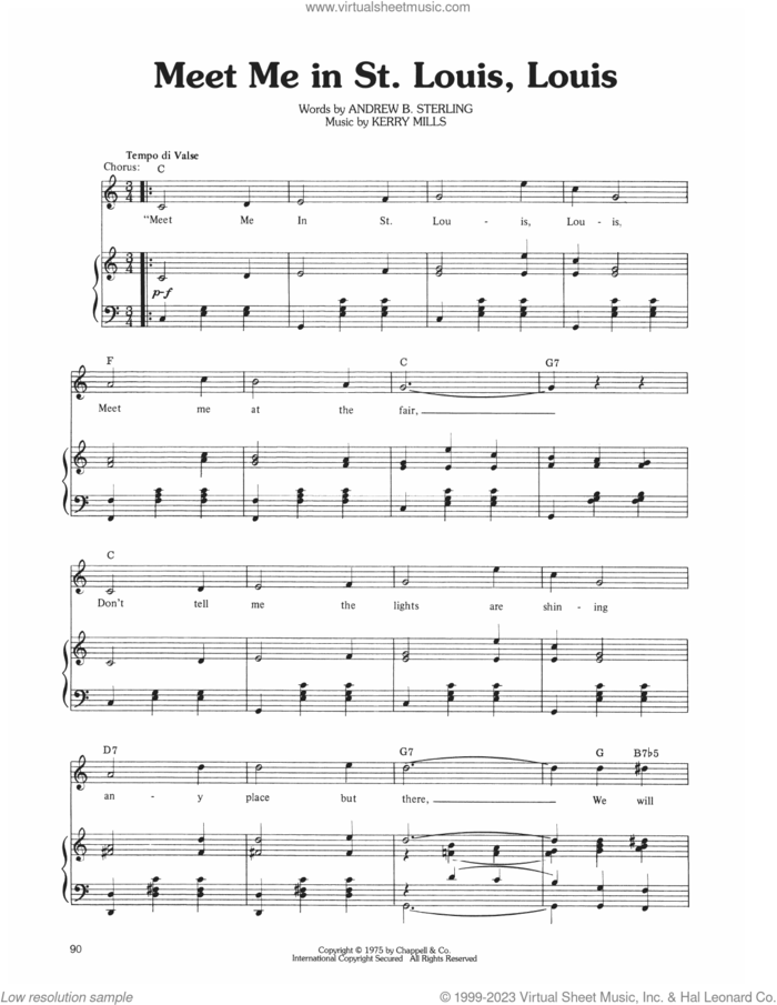 Meet Me In St. Louis, Louis sheet music for voice, piano or guitar by Judy Garland, Andrew B. Sterling and Kerry Mills, intermediate skill level