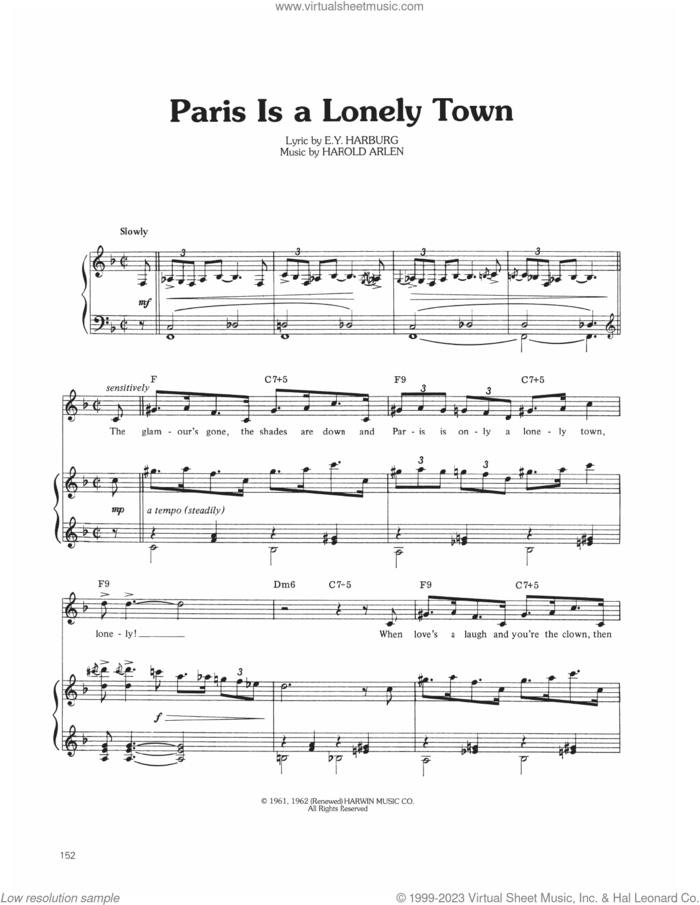 Paris Is A Lonely Town sheet music for voice, piano or guitar by Judy Garland, E.Y. Harburg and Harold Arlen, intermediate skill level