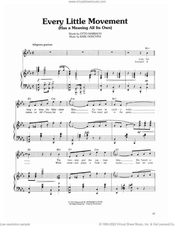 Every Little Movement (Has A Meaning All Its Own) sheet music for voice, piano or guitar by Judy Garland, Karl Hoschna and Otto Harbach, intermediate skill level