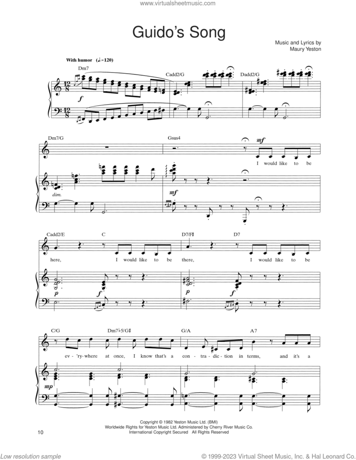 Guido's Song (from Nine) sheet music for voice, piano or guitar by Maury Yeston, intermediate skill level