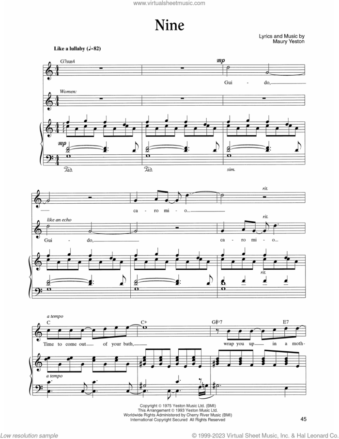 Nine (from Nine) sheet music for voice, piano or guitar by Maury Yeston, intermediate skill level