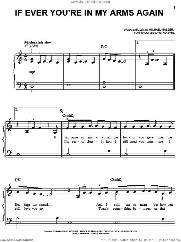 If Ever You're In My Arms Again sheet music for piano solo by Peabo Bryson, Cynthia Weil, Michael Masser and Tom Snow, easy skill level