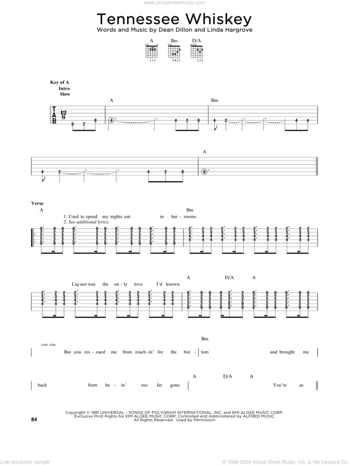 Tennessee Whiskey, (intermediate) sheet music for guitar solo by Chris Stapleton, George Jones, Dean Dillon and Linda Hargrove, intermediate skill level