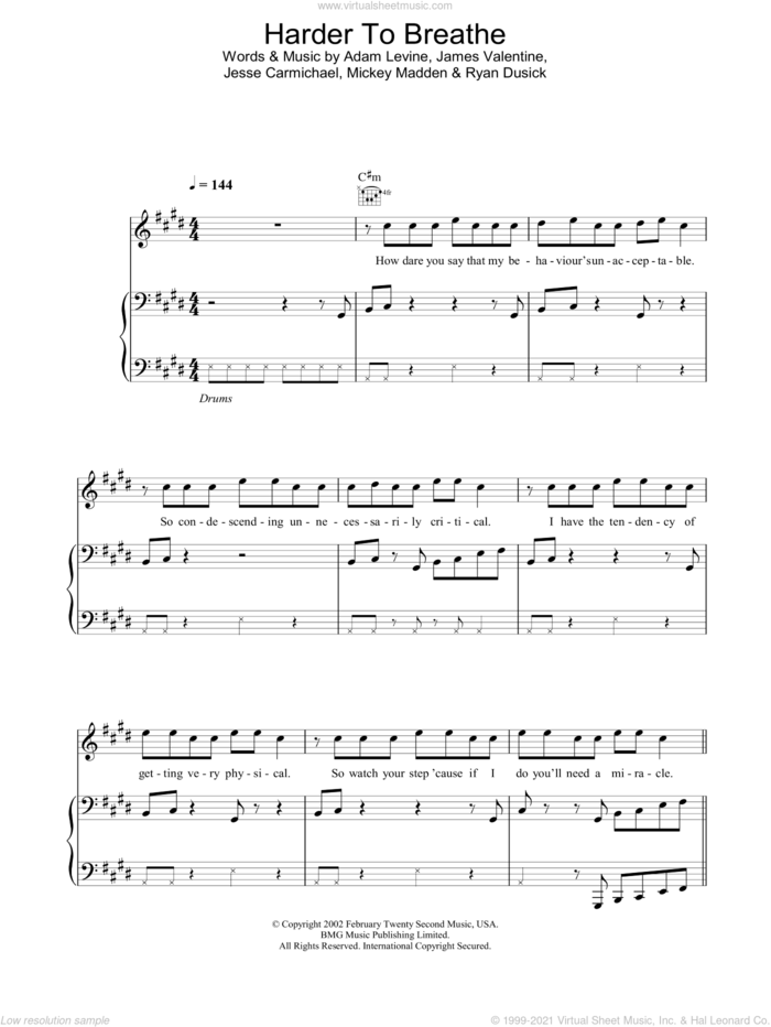 Harder To Breathe sheet music for voice, piano or guitar by Maroon 5, intermediate skill level