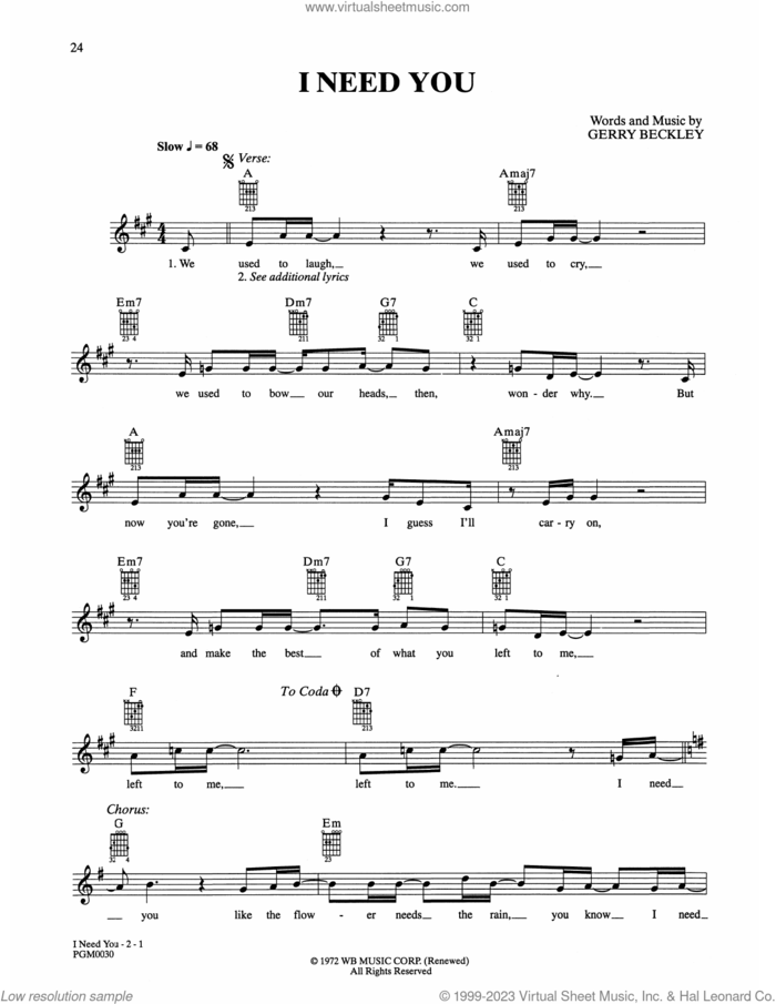 I Need You sheet music for guitar solo (chords) by America, The Who and Keith Moon, wedding score, easy guitar (chords)