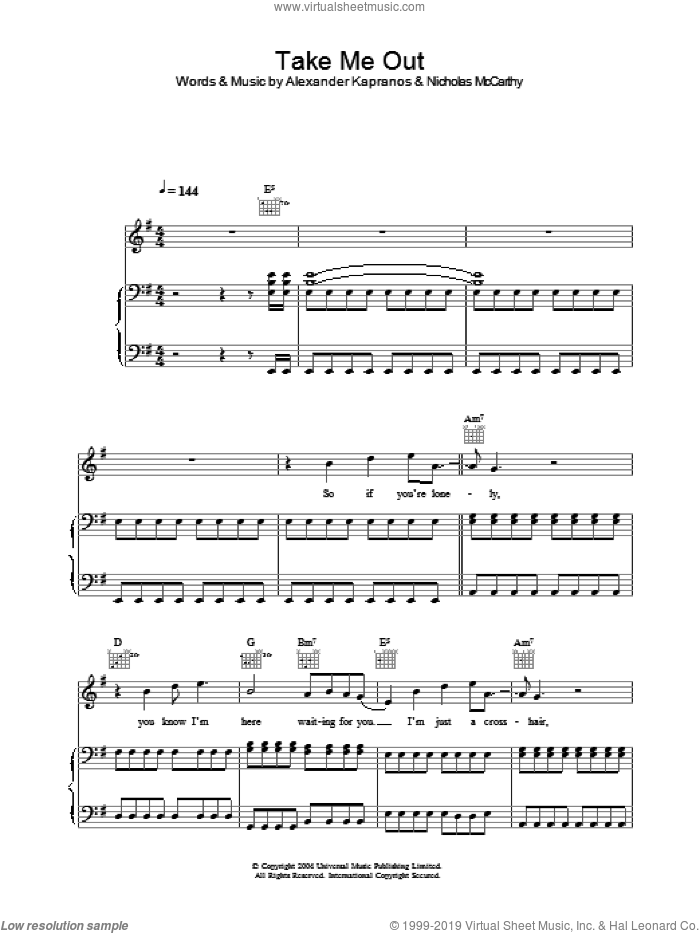 Take Me Out sheet music for voice, piano or guitar by Franz Ferdinand, Alexander Kapranos and Nicholas McCarthy, intermediate skill level