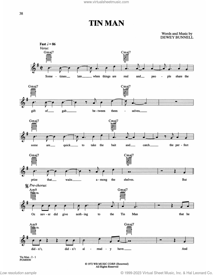 Tin Man sheet music for guitar solo (chords) by America and Lee Campbell-Towell, easy guitar (chords)