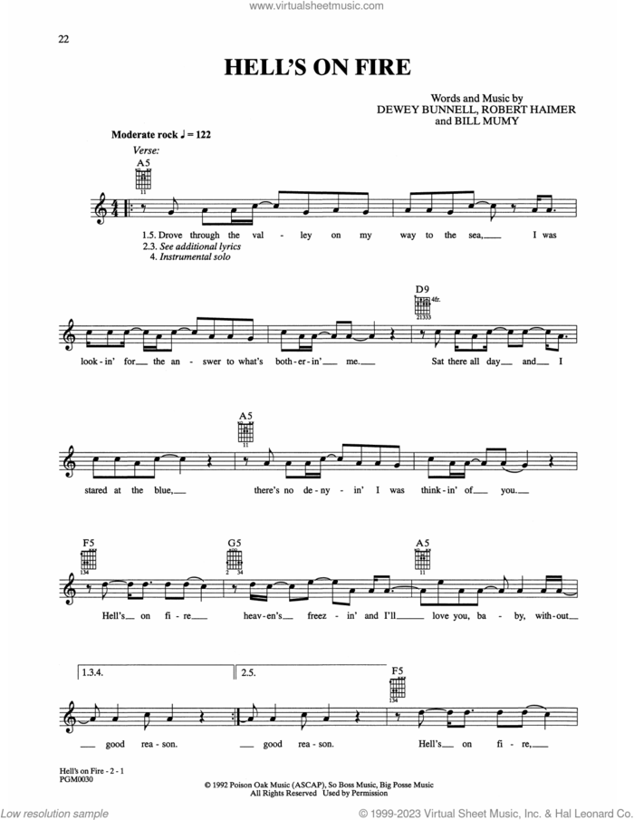 Hell's On Fire sheet music for guitar solo (chords) by America, Bill Mumy, Dewey Bunnell and Robert Haimer, easy guitar (chords)