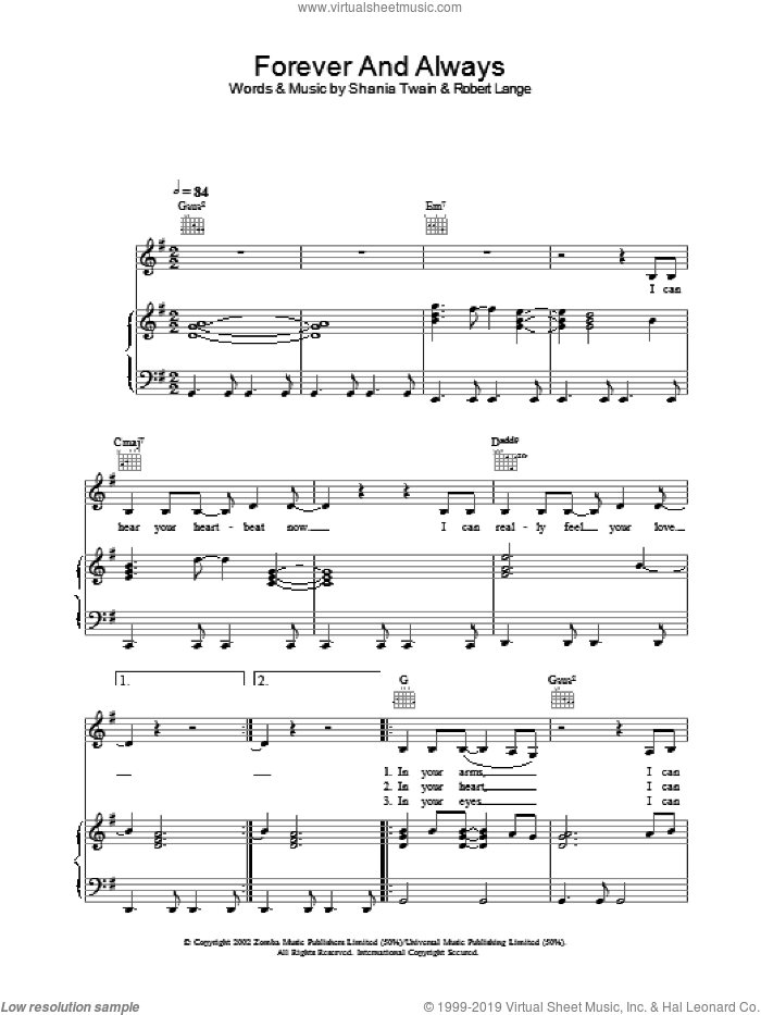 Forever And Always sheet music for voice, piano or guitar by Shania Twain, intermediate skill level