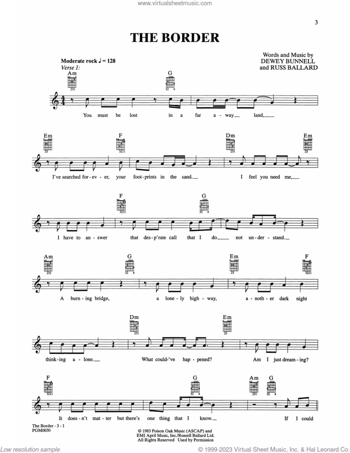 The Border sheet music for guitar solo (chords) by America, Dewey Bunnell and Russ Ballard, easy guitar (chords)