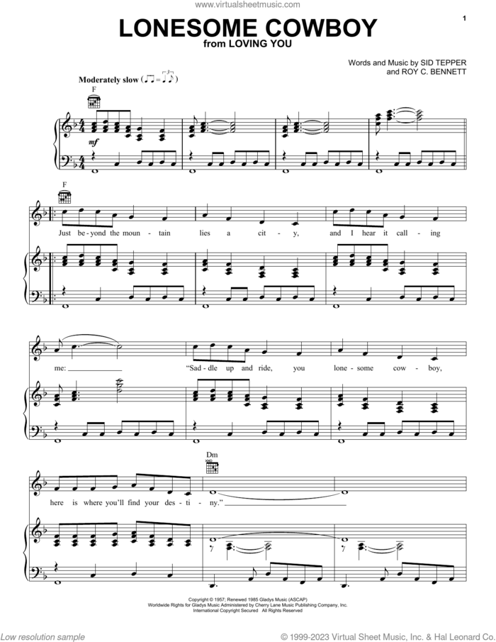 Lonesome Cowboy sheet music for voice, piano or guitar by Elvis Presley, Roy Bennett and Sid Tepper, intermediate skill level