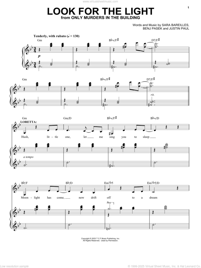 Look For The Light (from Only Murders In The Building: Season 3) sheet music for voice and piano by Meryl Streep and Ashley Park, Ashley Park, Meryl Streep, Benj Pasek, Justin Paul and Sara Bareilles, intermediate skill level