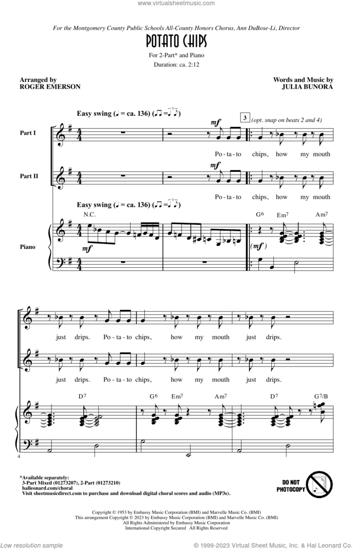 Potato Chips (arr. Roger Emerson) sheet music for choir (2-Part) by Julia Bunora and Roger Emerson, intermediate duet