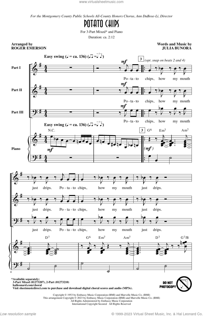 Potato Chips (arr. Roger Emerson) sheet music for choir (3-Part Mixed) by Julia Bunora and Roger Emerson, intermediate skill level