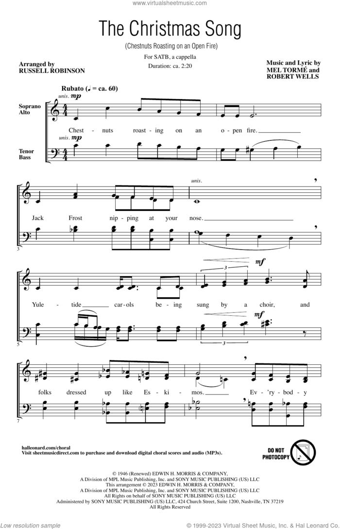 The Christmas Song (Chestnuts Roasting On An Open Fire) (arr. Russell Robinson) sheet music for choir (SATB: soprano, alto, tenor, bass) by Mel Torme, Russell Robinson, Mel Torme & Robert Wells and Robert Wells, intermediate skill level