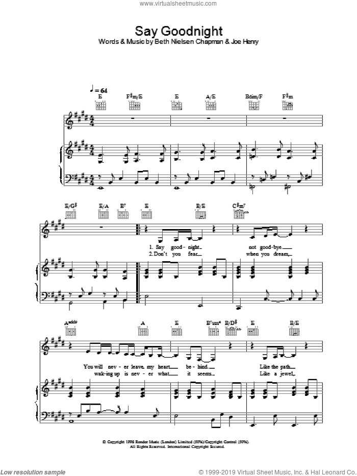 Say Goodnight sheet music for voice, piano or guitar by Beth Nielsen Chapman, intermediate skill level