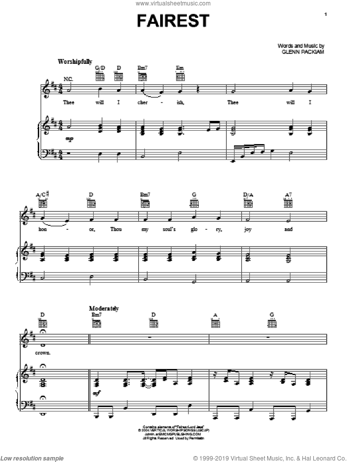 Fairest sheet music for voice, piano or guitar by Glenn Packiam, intermediate skill level