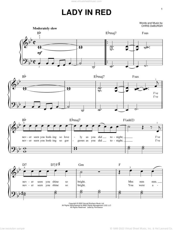 Lady In Red sheet music for piano solo by Chris de Burgh, easy skill level