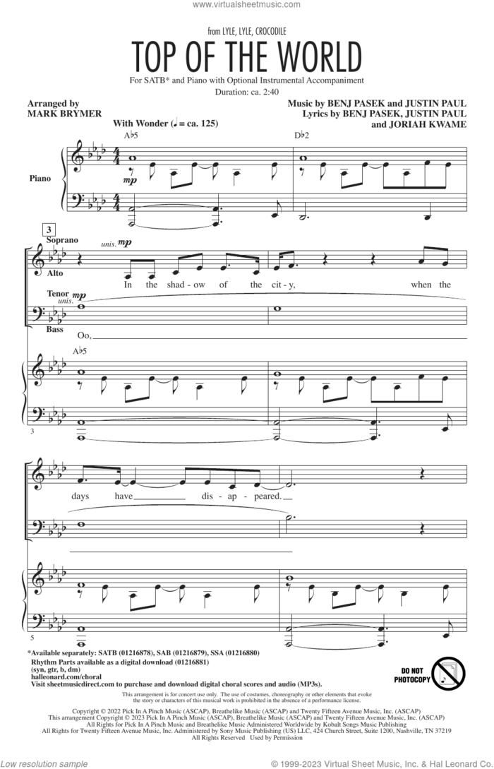 Top Of The World (from Lyle, Lyle, Crocodile) (arr. Mark Brymer) sheet music for choir (SATB: soprano, alto, tenor, bass) by Shawn Mendes, Mark Brymer, Benj Pasek, Joriah Kwame and Justin Paul, intermediate skill level
