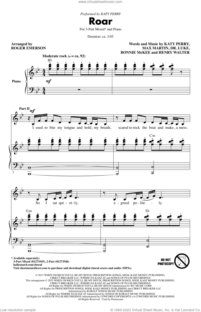 Roar (arr. Roger Emerson) sheet music for choir (3-Part Mixed) by Katy Perry, Roger Emerson, Bonnie McKee, Dr. Luke, Henry Walter, Lukasz Gottwald and Max Martin, intermediate skill level