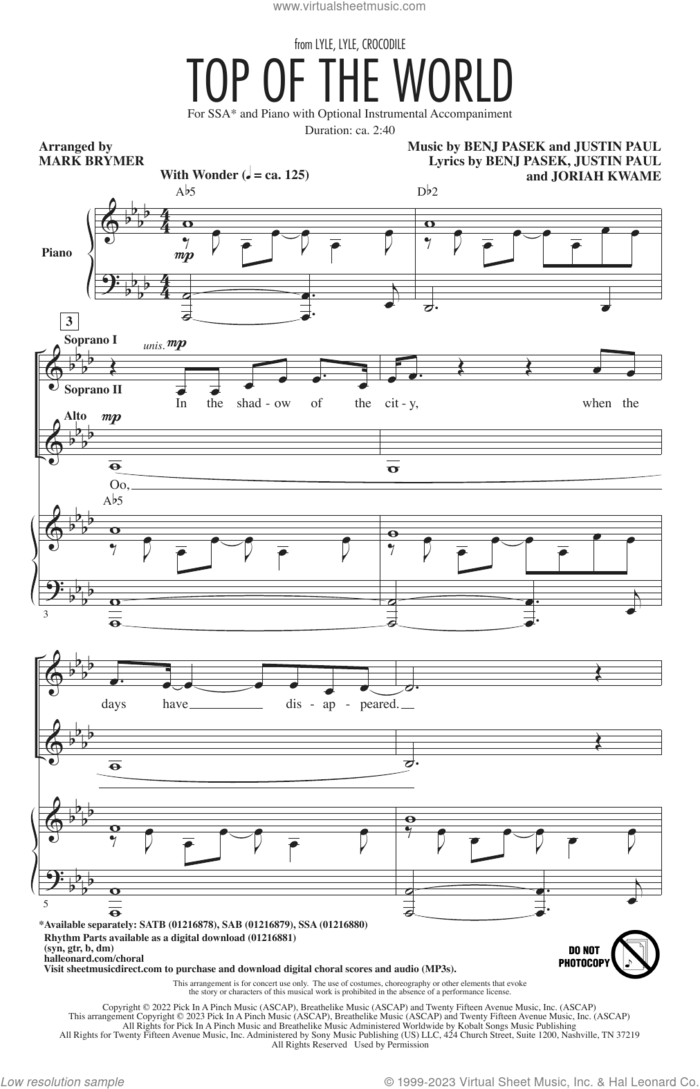 Top Of The World (from Lyle, Lyle, Crocodile) (arr. Mark Brymer) sheet music for choir (SSA: soprano, alto) by Shawn Mendes, Mark Brymer, Benj Pasek, Joriah Kwame and Justin Paul, intermediate skill level