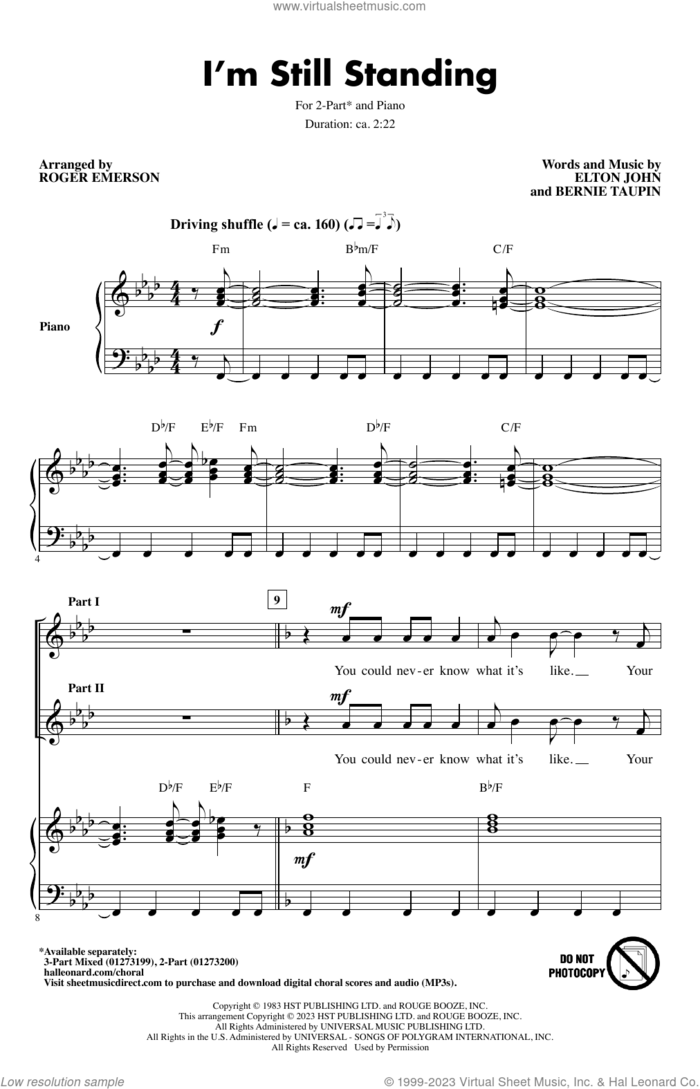 I'm Still Standing (arr. Roger Emerson) sheet music for choir (2-Part) by Elton John, Roger Emerson and Bernie Taupin, intermediate duet