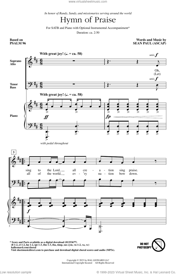 Hymn Of Praise sheet music for choir (SATB: soprano, alto, tenor, bass) by Sean Paul, intermediate skill level