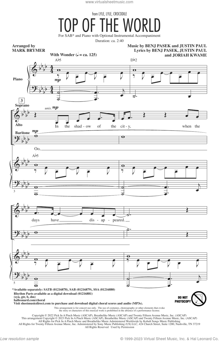 Top Of The World (from Lyle, Lyle, Crocodile) (arr. Mark Brymer) sheet music for choir (SAB: soprano, alto, bass) by Shawn Mendes, Mark Brymer, Benj Pasek, Joriah Kwame and Justin Paul, intermediate skill level