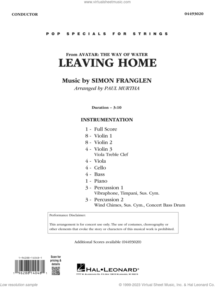 Leaving Home (from Avatar: The Way of Water) (arr. Paul Murtha) (COMPLETE) sheet music for orchestra by Paul Murtha and Simon Franglen, intermediate skill level