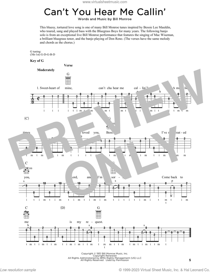 Can't You Hear Me Callin' (arr. Fred Sokolow) sheet music for banjo solo by Bill Monroe and Fred Sokolow, intermediate skill level
