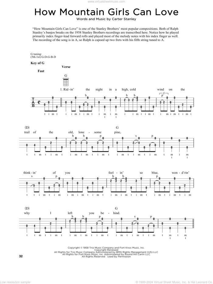 How Mountain Girls Can Love (arr. Fred Sokolow) sheet music for banjo solo by The Stanley Brothers, Fred Sokolow and Carter Stanley, intermediate skill level