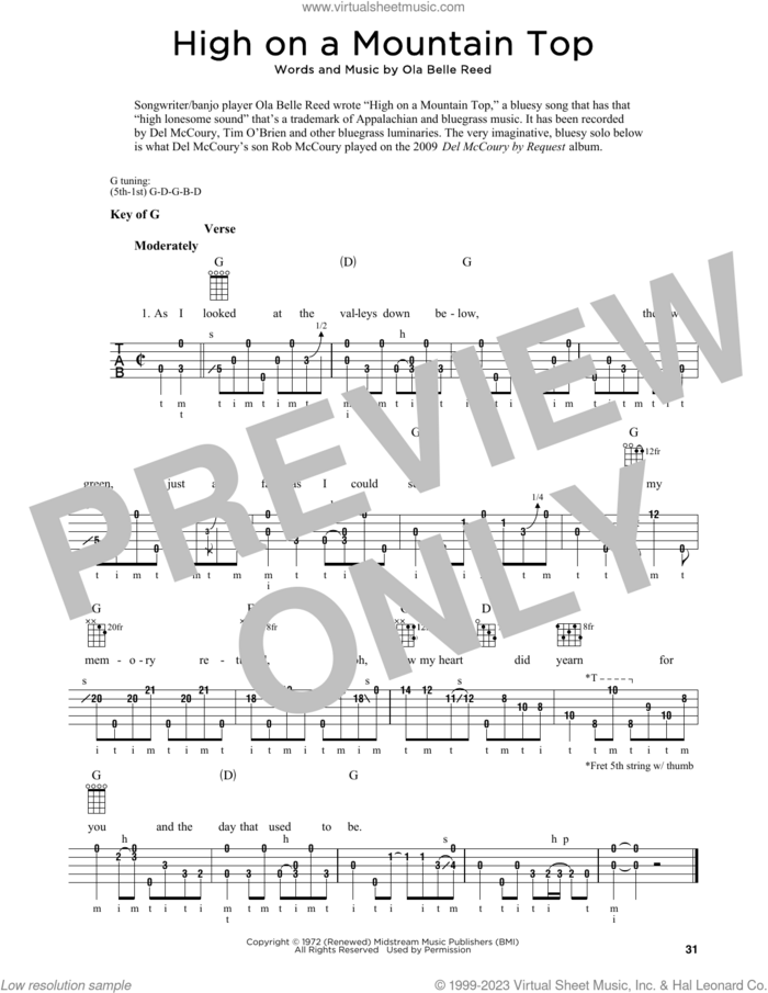 High On A Mountain Top (arr. Fred Sokolow) sheet music for banjo solo by Ola Belle Reed and Fred Sokolow, intermediate skill level