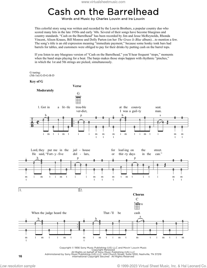 Cash On The Barrelhead (arr. Fred Sokolow) sheet music for banjo solo by The Louvin Brothers, Fred Sokolow, Charles Louvin and Ira Louvin, intermediate skill level