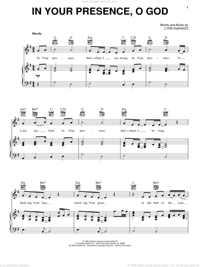 In Your Presence, O God sheet music for voice, piano or guitar by Lynn DeShazo, intermediate skill level