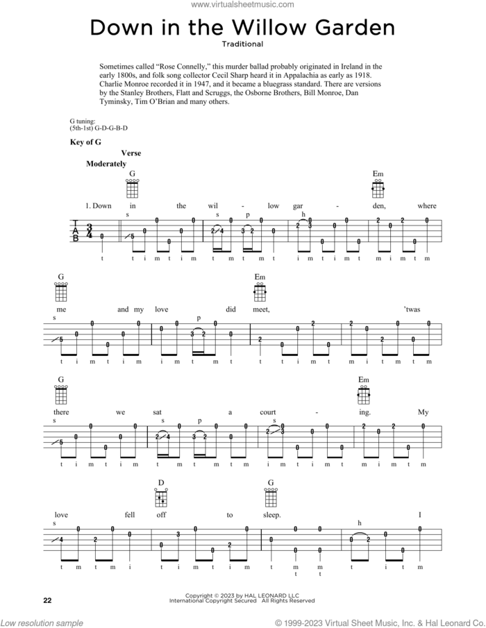 Down In The Willow Garden (arr. Fred Sokolow) sheet music for banjo solo  and Fred Sokolow, intermediate skill level