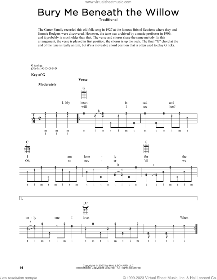 Bury Me Beneath The Willow (arr. Fred Sokolow) sheet music for banjo solo  and Fred Sokolow, intermediate skill level