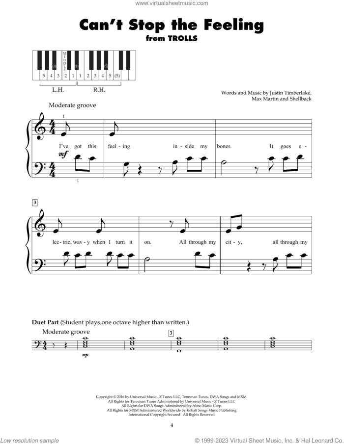 Can't Stop The Feeling! sheet music for piano solo (5-fingers) by Justin Timberlake, Johan Schuster, Max Martin and Shellback, beginner piano (5-fingers)