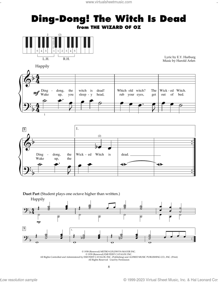 Ding-Dong! The Witch Is Dead (from The Wizard Of Oz) sheet music for piano solo (5-fingers) by Harold Arlen and E.Y. Harburg, beginner piano (5-fingers)