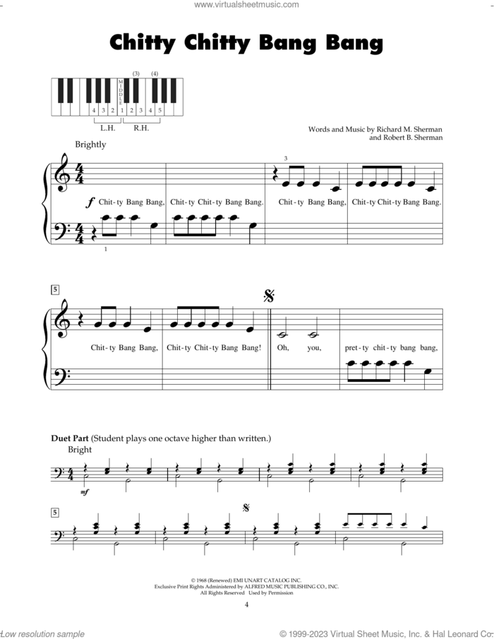Chitty Chitty Bang Bang sheet music for piano solo (5-fingers) by Richard M. Sherman, Robert B. Sherman and Sherman Brothers, beginner piano (5-fingers)