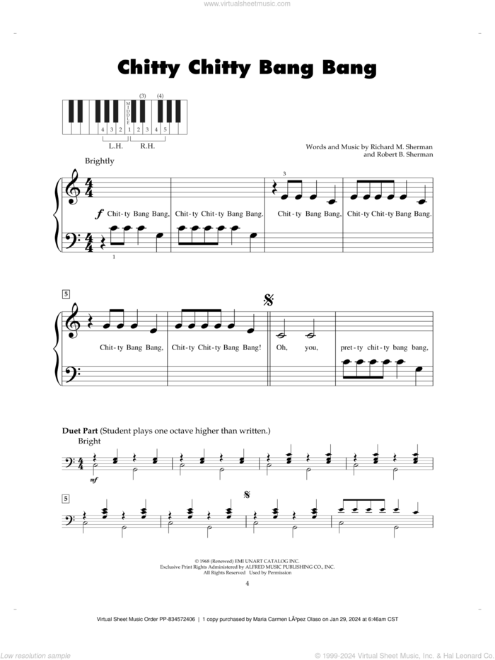 Chitty Chitty Bang Bang sheet music for piano solo (5-fingers) by Richard M. Sherman, Robert B. Sherman and Sherman Brothers, beginner piano (5-fingers)