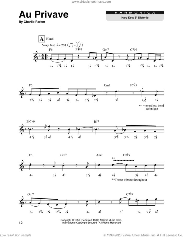 Au Privave sheet music for harmonica solo by Charlie Parker, intermediate skill level