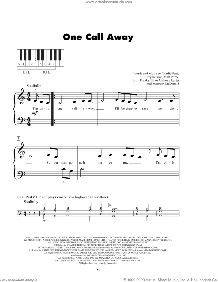 One Call Away sheet music for piano solo (5-fingers) by Charlie Puth, Blake Anthony Carter, Breyan Isaac, Justin Franks, Matt Prime and Maureen McDonald, beginner piano (5-fingers)