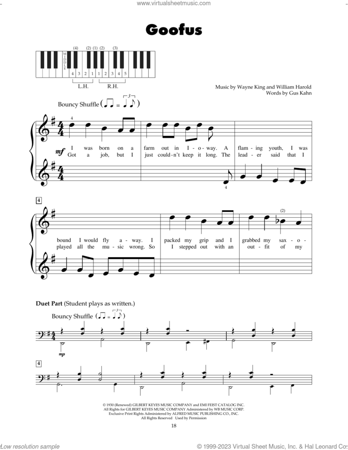 Goofus sheet music for piano solo (5-fingers) by Gus Kahn, Carpenters, Wayne King and William Harold, beginner piano (5-fingers)