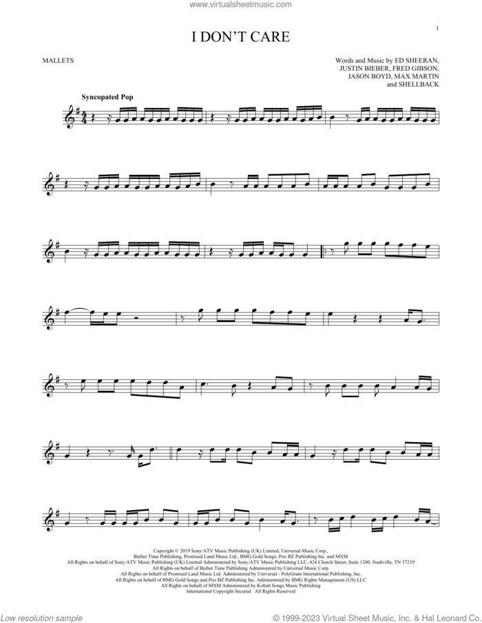 I Don't Care sheet music for mallet solo (Percussion) by Ed Sheeran & Justin Bieber, Ed Sheeran, Fred Gibson, Jason Boyd, Justin Bieber, Max Martin and Shellback, intermediate mallet (Percussion)