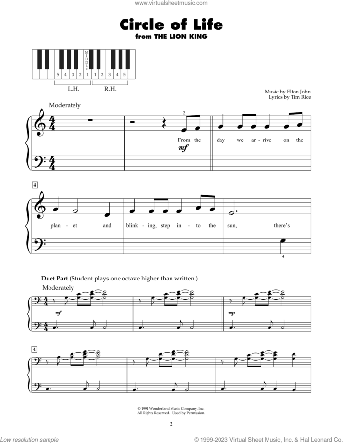 Circle Of Life (from The Lion King), (beginner) (from The Lion King) sheet music for piano solo (5-fingers) by Elton John and Tim Rice, beginner piano (5-fingers)