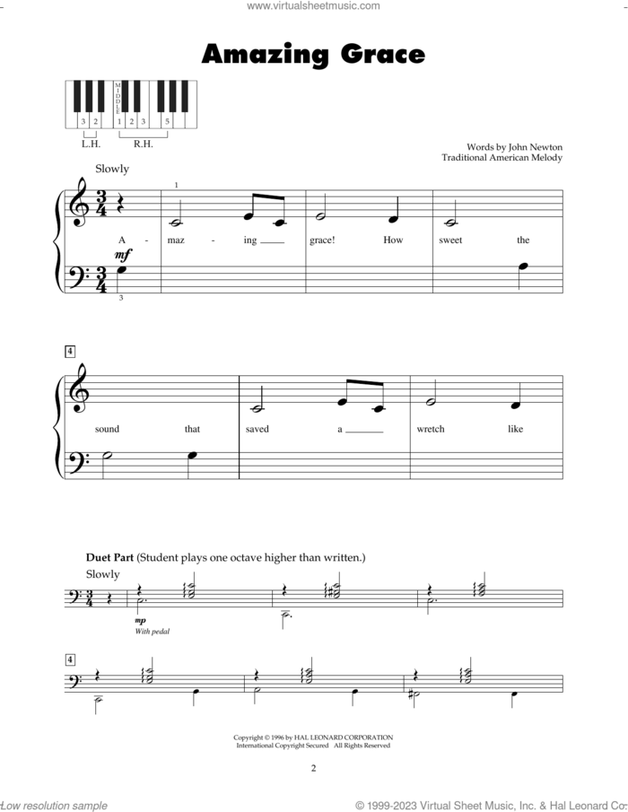 Amazing Grace sheet music for piano solo (5-fingers) by John Newton and Miscellaneous, beginner piano (5-fingers)