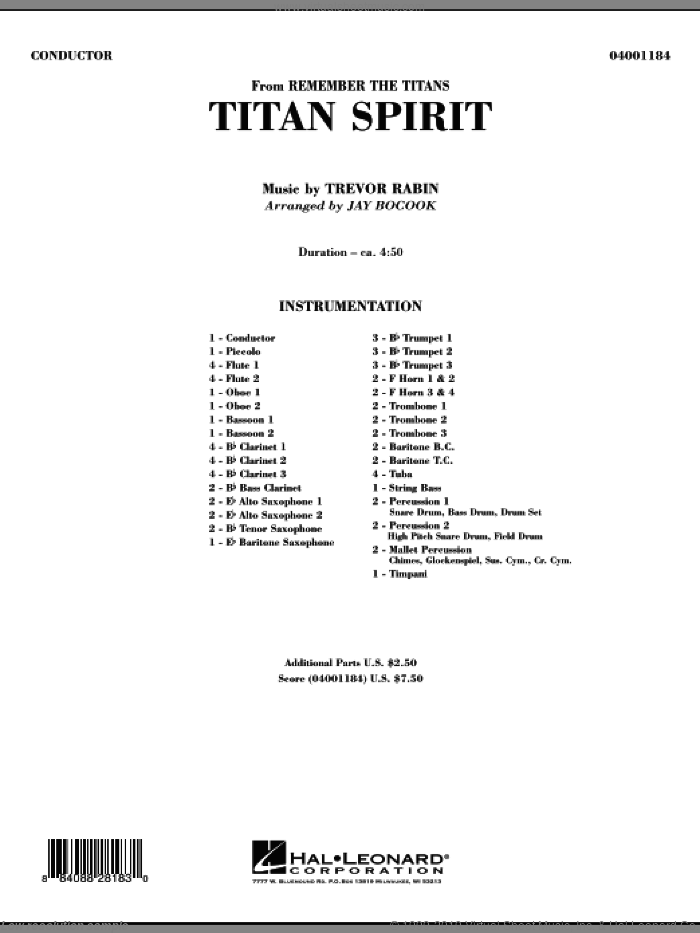 Titan Spirit (Theme from 'Remember the Titans') (COMPLETE) sheet music for concert band by Jay Bocook and Trevor Rabin, intermediate skill level